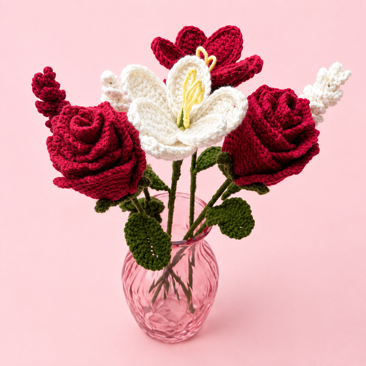 Crimson & Cream Vased Crochet Bouquet