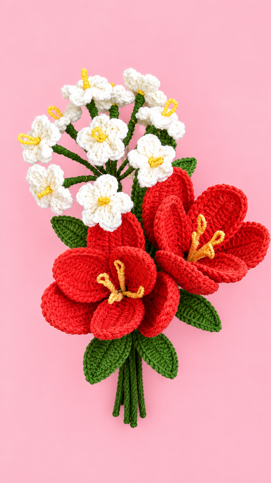 Handmade Crochet Red & White Flower Bouquet